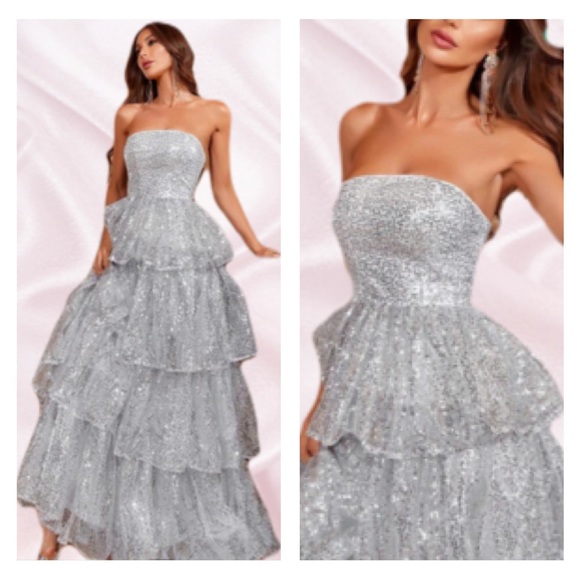 Silver Sequins Strapless Layered Tiered Formal Gown Dress - Picture 3 of 5